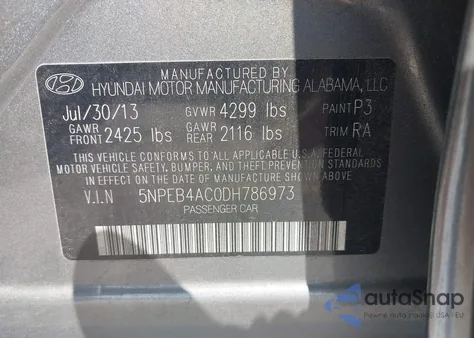 2013 Hyundai Sonata Gls from USA, damaged, VIN 5NPEB4AC0DH786973